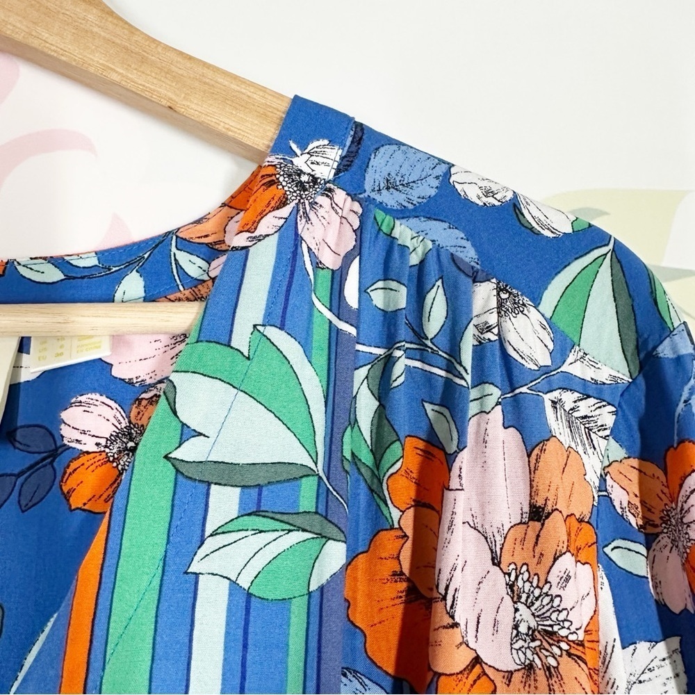 Anthropologie Maeve Floral Blue and Orange Cuffed Sleeve Blouse S - Picture 5 of 10